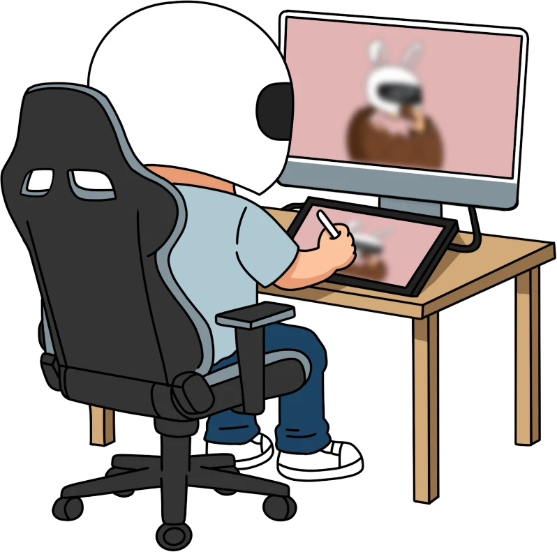 Mascotte mlgstudio travaillant devant son ordinateur